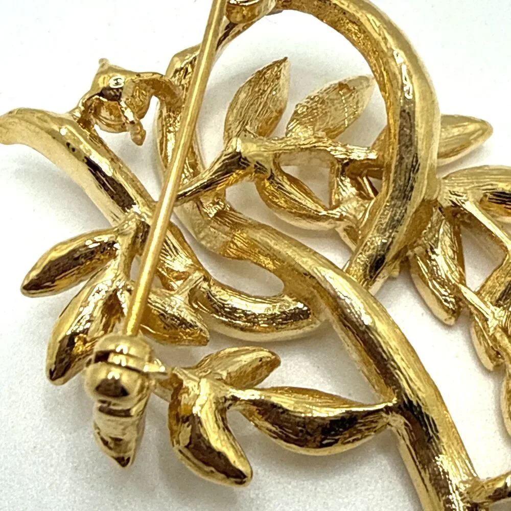 Vintage NWOT Napier Gold Tone Clear Rhinestone Brooch Floral  Fern Ribbon Pin 2